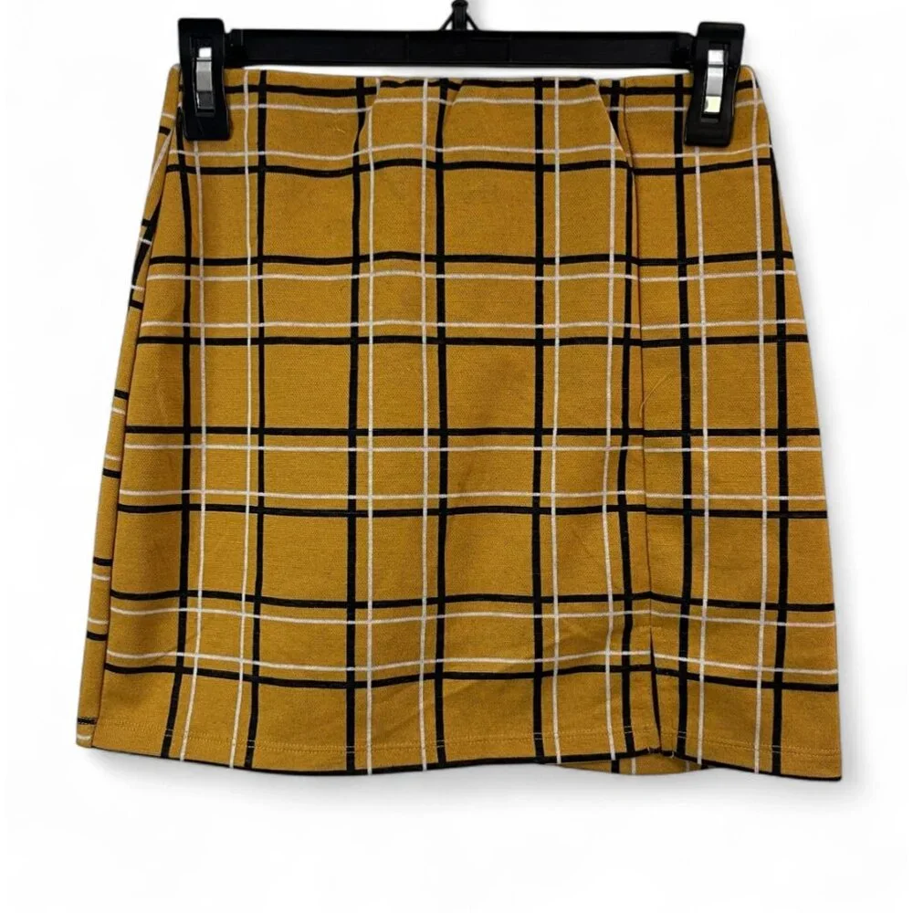 Girls Yellow Plaid Mini Skirt With Slit Detail By Popular Basics Size S - Picture 2 of 9
